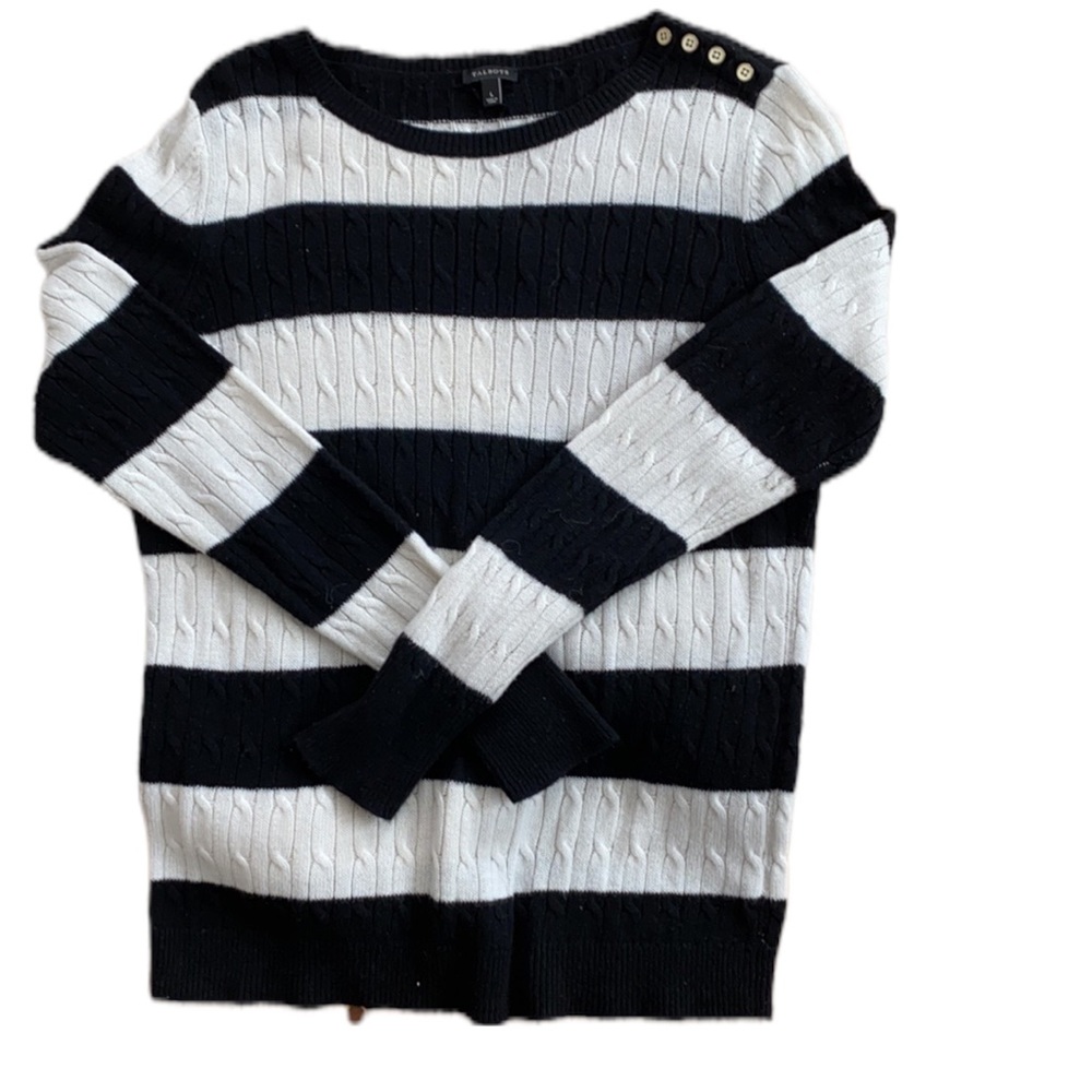 Talbots Black & White Stripe Button-Shoulder Pullover Sweater - Large